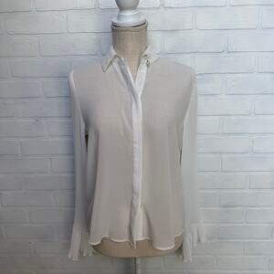 Zara Women's Shear White Button Down Top Pleated Sleeves Pearl Detail sz S